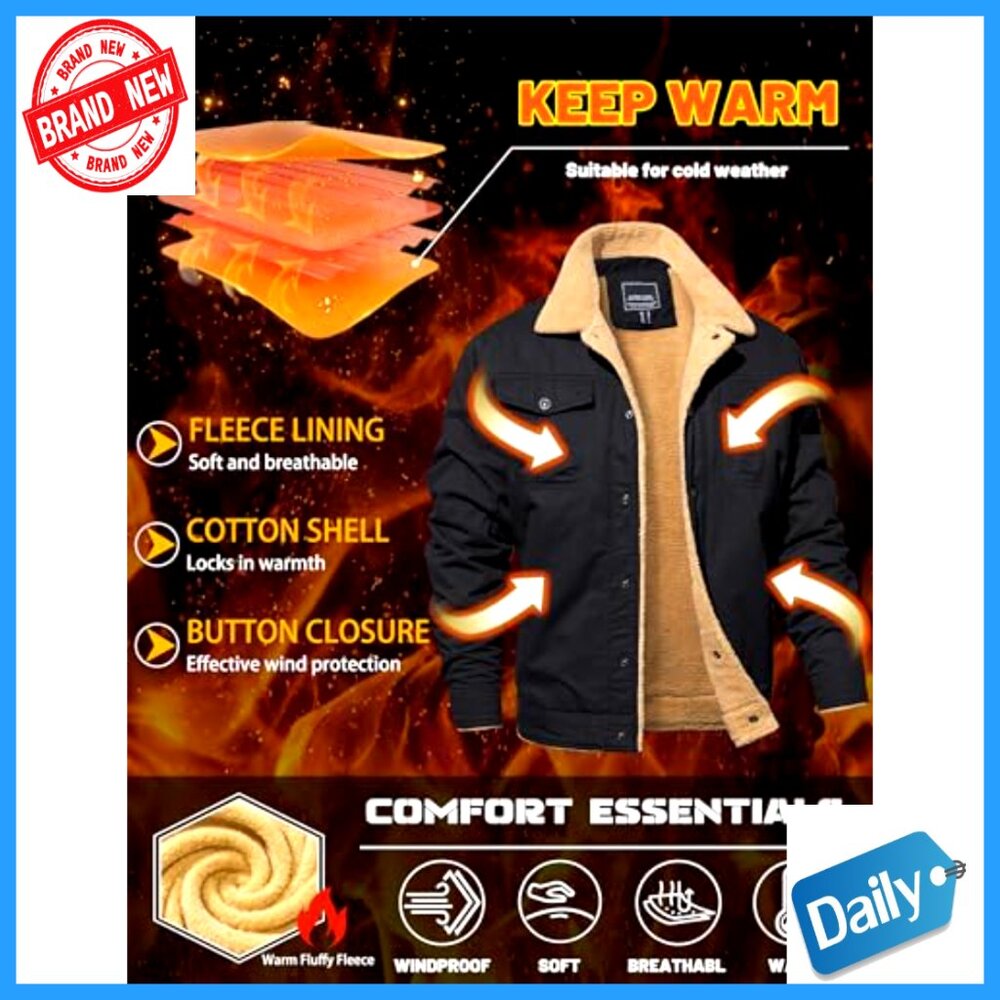 Cotton Cargo Jacket Sherpa Fleece Lined Work Coat with 5 Pockets Classic - Picture 3 of 7